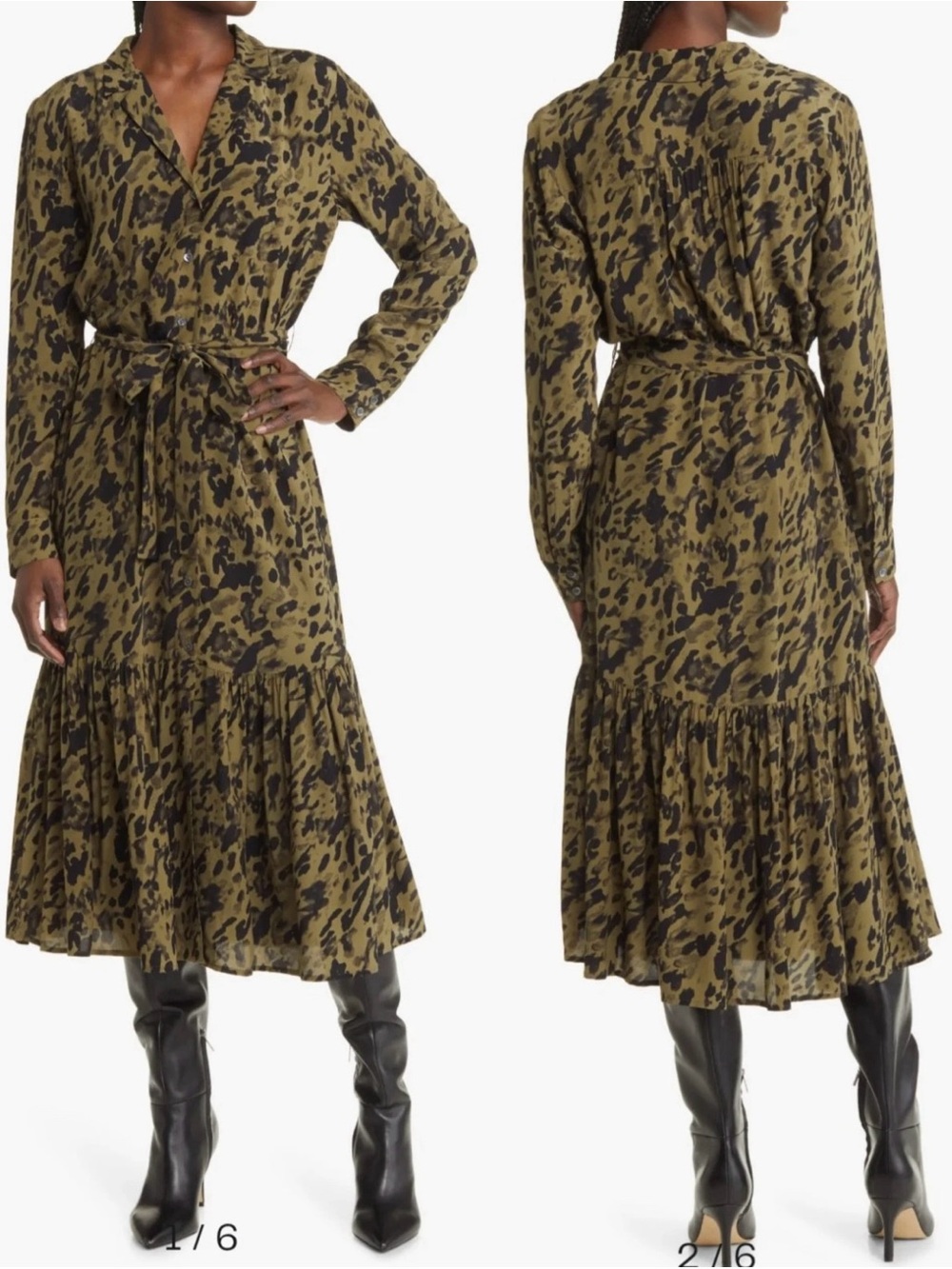 Rails Beatrice Shirt Dress Size Large Green Olive Watercolor Leopard Midi Boho
